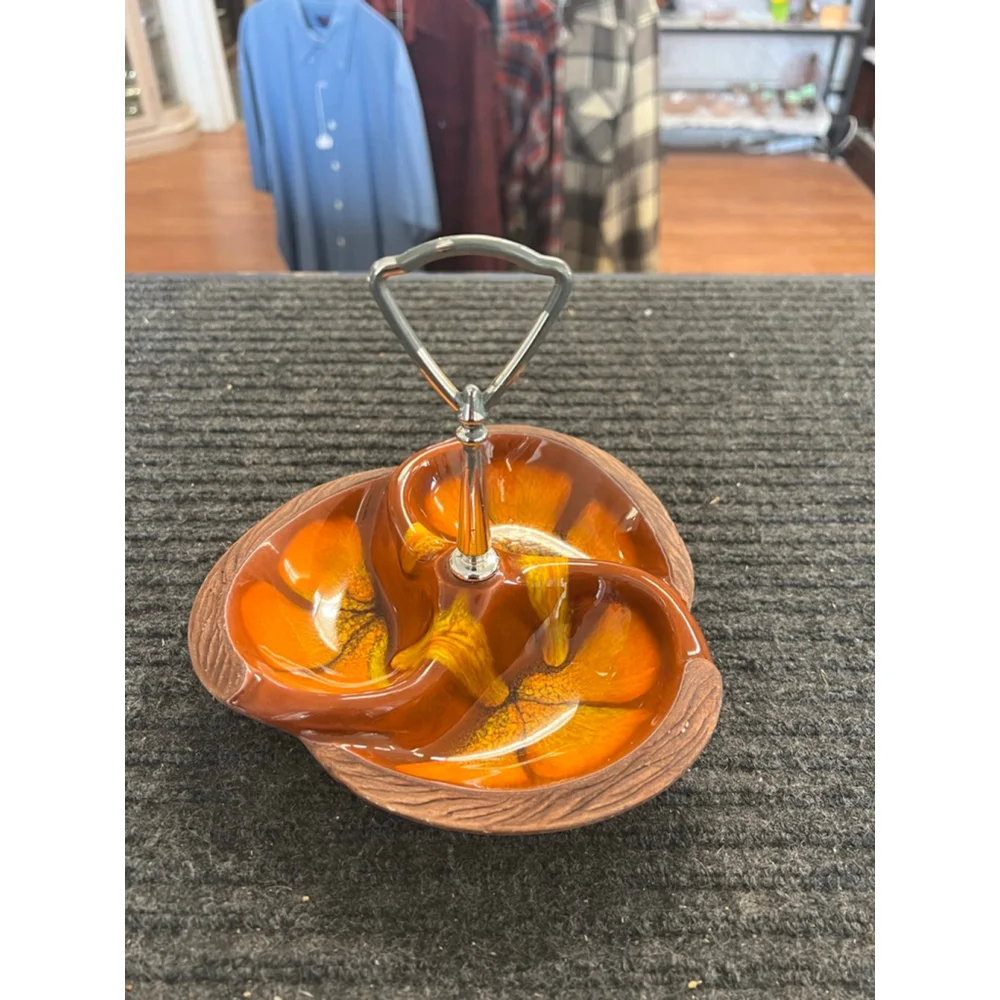 Vintage Sequoia Ware 618 Glaze Pottery 3 Sectioned Orange Nut Candy Serving Dish